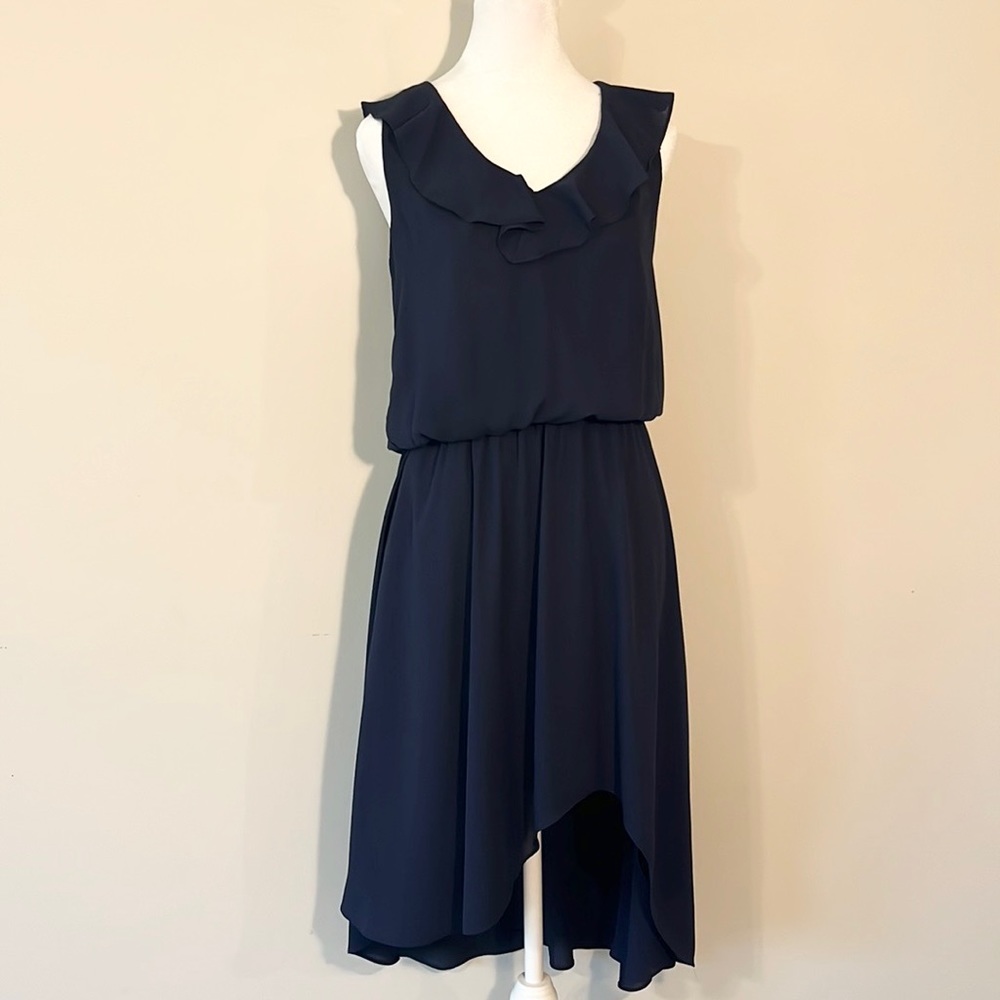 Tiered navy sleeveless asymmetrical dress